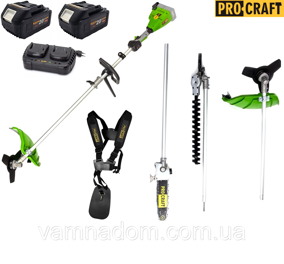 Акумуляторна коса Procraft PTA20/4/2 (3 в 1: Коса, Висоторіз, Кущоріз, 2 АКБ 20 В, 4 А/год і Подвійне зарядне), фото 1