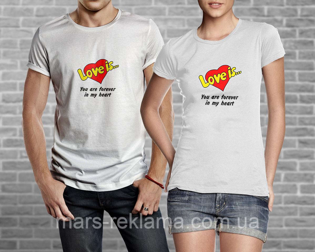 Футболка Love is... Бавовна. Чорні, білі. Друк будь-якого зображення