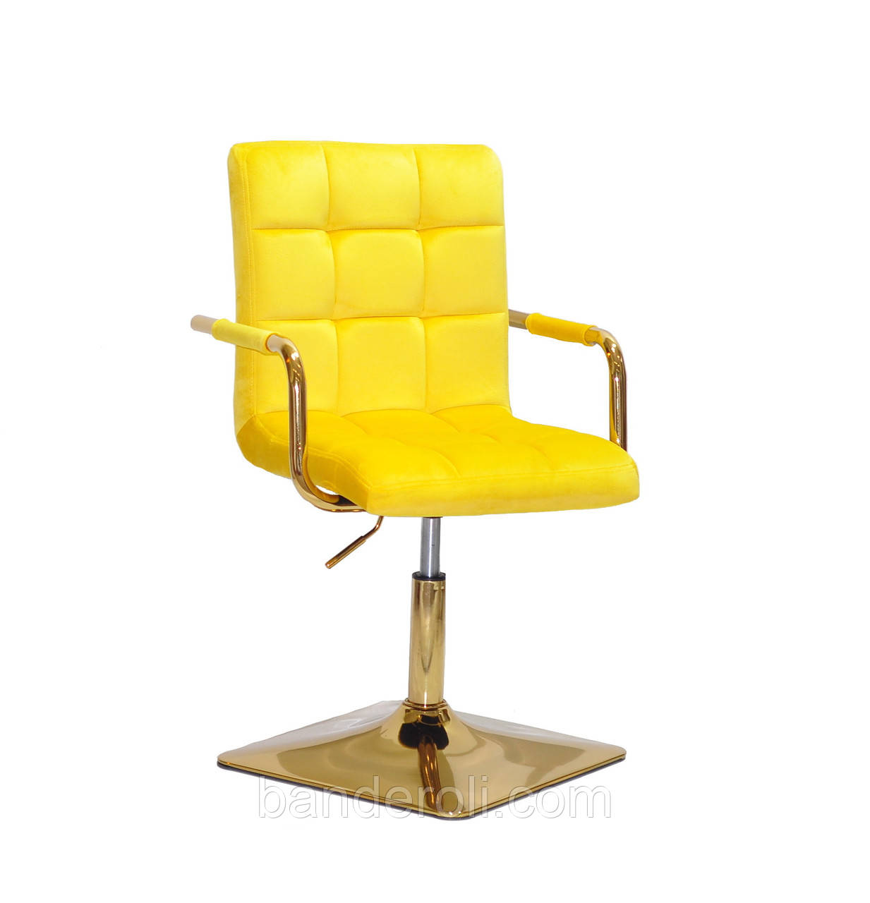 Крісло Augusto-Arm 4-GD-BASE жовтий В-1027 велюр з підлокітниками, на квадратній золотистої опорі, фото 1