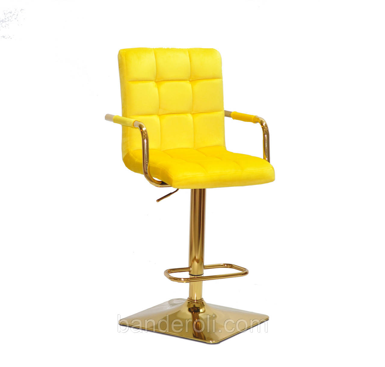 Стілець барний Augusto Arm Bar GD-BASE велюр жовтий В-1027, квадратна опора золотиста з регульованою висотою, фото 1