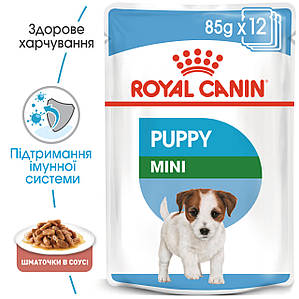 Вологий корм Royal Canin Mini Puppy (Роял Канін Міні) для цуценят дрібних порід, шматочки в соусі, 85 г.*12 шт.
