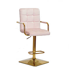 Стілець барний Augusto Arm Bar GD-BASE велюр рожевий В-1021, квадратна опора золотиста з регульованою висотою