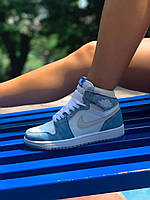 Модные качественные демисезонные кроссовки N!ke Air Jordan 1 High White Blue голубые с белым