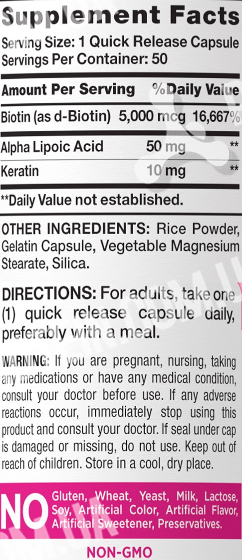 Nature's Truth Biotin 5000 Mcg With Keratin & Alpha Lipoic Acid - 50 Capsules Hair Skin Nails
