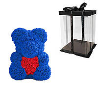 Ведмедик із серцем з 3D-рож Rose 40 см Синій + подарункове паковання