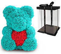 Ведмедик із серцем із 3D-рож Rose 40 см Бірюзовий + подарункове паковання