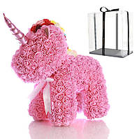 Единорог из 3D цветов роз 38 см в подарочной коробке упаковке подарок девушке Розовый