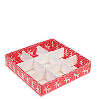 Коробка для цукерок з ПВХ кришкою 160х160х35 (на 9 шт), Новорічна, червона
