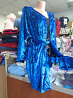 Велюровая Пижама женская майка шорты синий халат 42 44 46 48