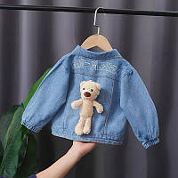 Детская джинсовая курточка с игрушкой мишкой, джинсовка, куртка на девочку и мальчика весна/осень, голубая