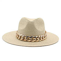 Женская соломенная шляпка Федора с цепочкой беж