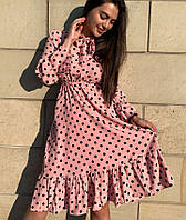 Женское платье с длинным рукавом розовое в черный горошек шифон