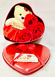 Подарунковий набір з мильним квіткою з 3 трояндами 1 мишко Червоний, фото 3