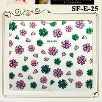 Наклейки для Ногтей 3D SFE 25 Розовые и Зеленые Цветы с Блестками Для Декора и Дизайна Ногтей