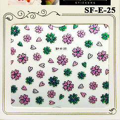 Наклейки для Нігтів 3D SFE 25 Рожеві і Зелені Квіти з Блискітками Для Декору і Дизайну Нігтів