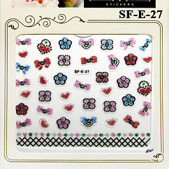 Наклейки для Нігтів 3D SFE 27 Квіти Різнокольорові Банти з Блискітками Декор Нігтів, Манікюр