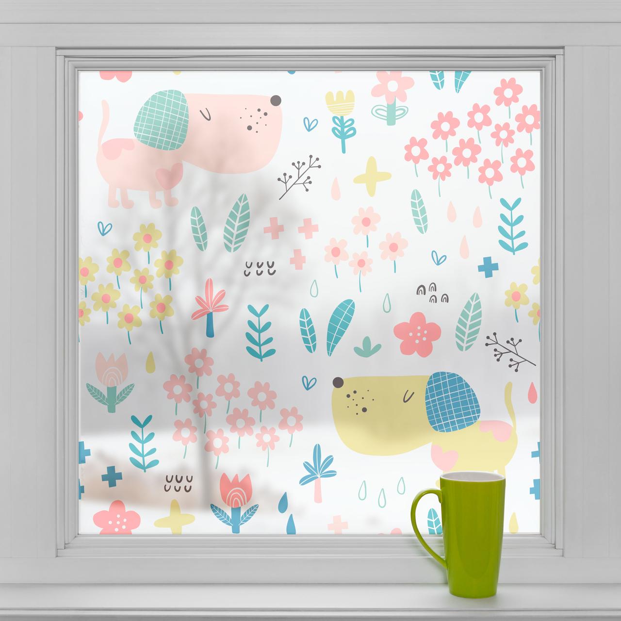 Вітражна плівка самоклеюча для скла Собаки і Квіти декоративні наклейки на вікна ПВХ дитяча 1 пог.м
