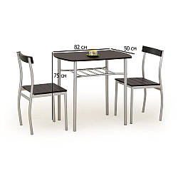 Обідній комплект для кухні стіл та 2 стільці Halmar Lance 82х50 см венге на сірих металевих ніжках