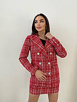 Женский твидовый костюм пиджак и юбка красный, 42-44