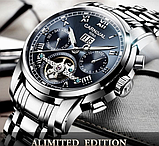 Срібний класичний наручний годинник із металевим браслетом, Чоловічий стрілковий годинник з автопідзаводом, фото 4