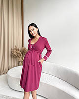 Бордовый хлопковый халат для беременных и кормящих мам с поясом, 35314-Б
