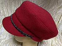 Женский шерстяной картуз кепка с цепочкой красный