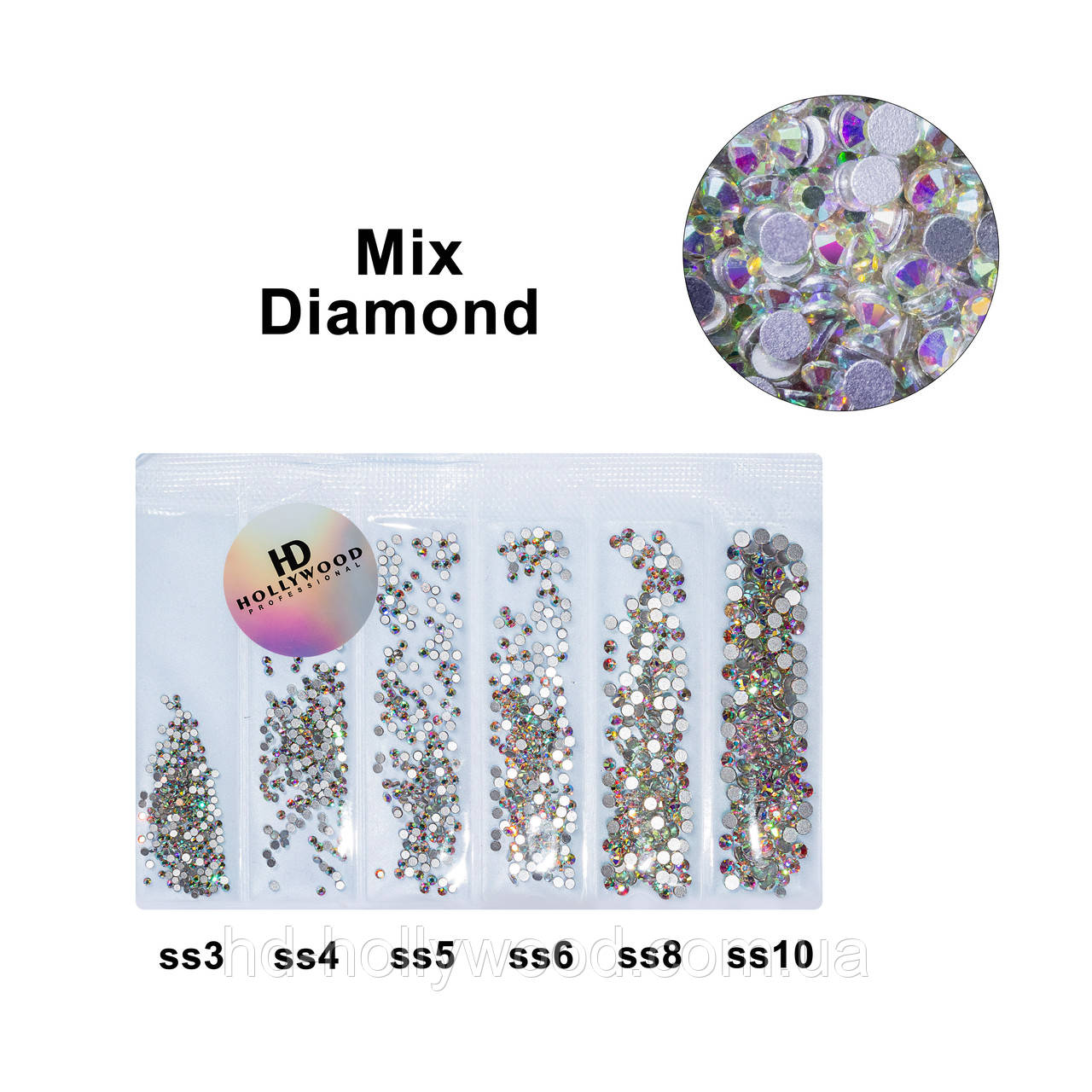 Стрази для нігтів Mix Diamond Хамелеон 1200 шт HD Hollywood, фото 1