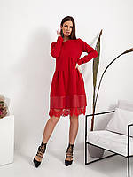 Стильное платье с кожаной вставкой арт 442 красное