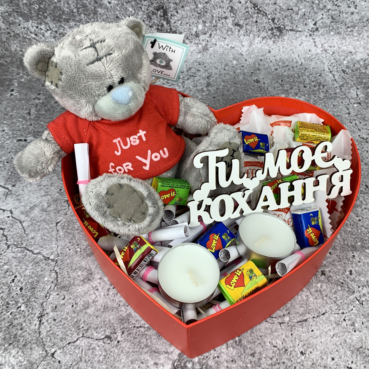Шоколадний набір серце з м'якою іграшкою Тедді, солодощами Подарунок дівчині на День народження,річницю,14 лютого, 8 Березня, фото 1