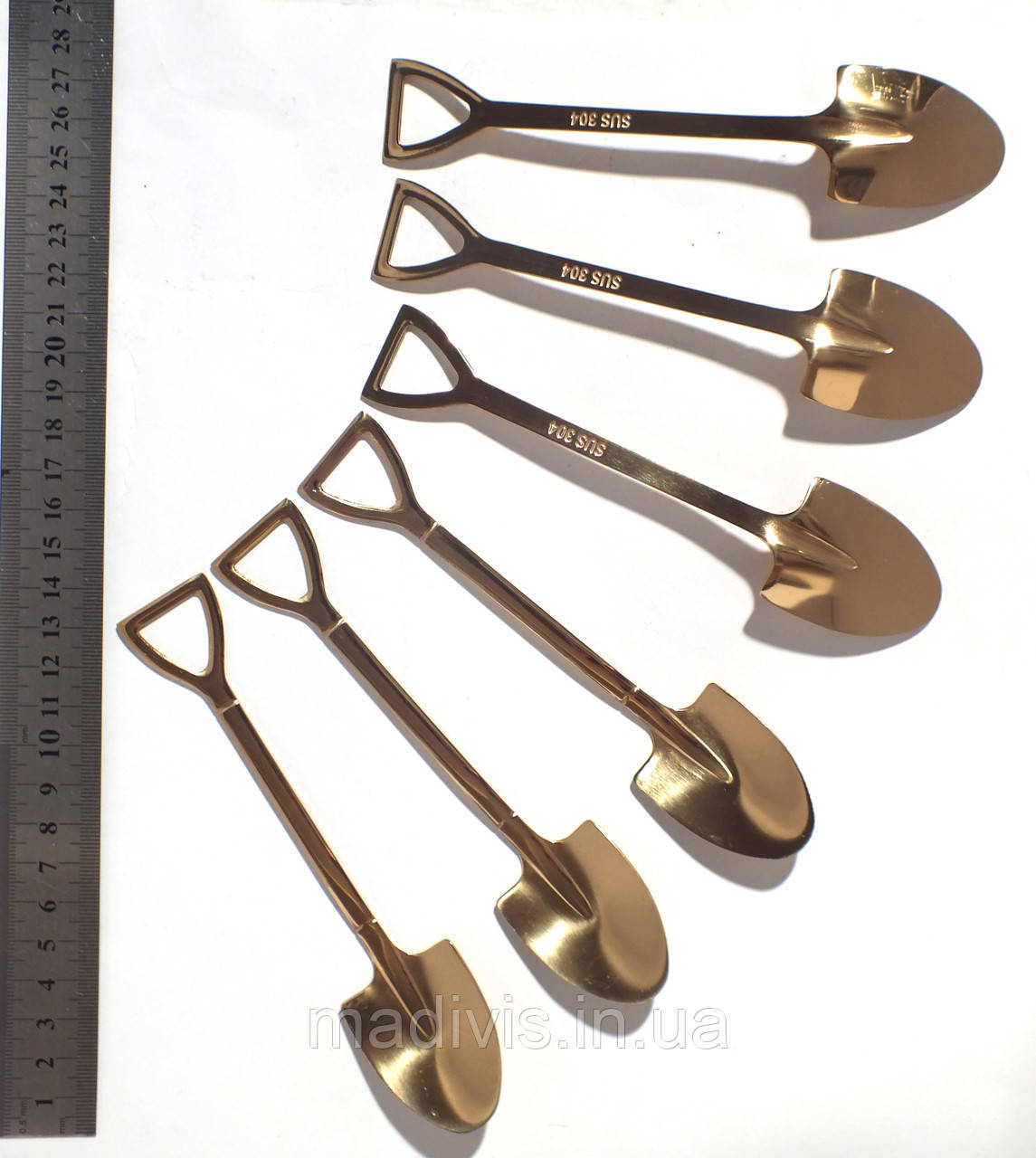 Набір чайних золотих ложок (6 штук) у формі штикової лопати з неіржавкої сталі, фото 1