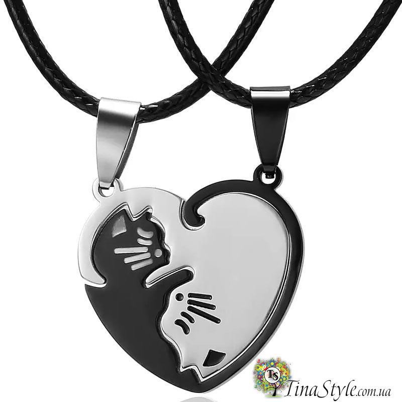 Парні підвіски для двох закоханих дві половинки кішки для двох ,чорно-білі, фото 1