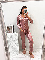 Женская атласная пижама двойка с рубашкой на пуговицах и штанами на резинке