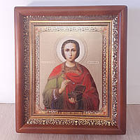 Икона Пантелеймон святой великомученик и целитель, лик 15х18 см, в коричневом прямом деревянном киоте