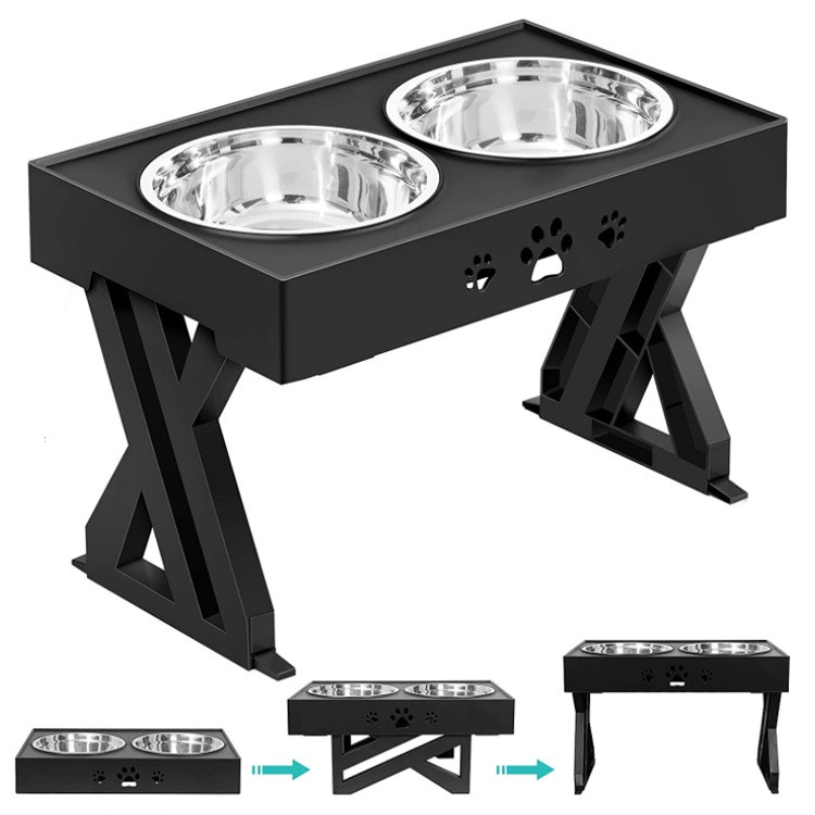 Миска для собак ELS PET 2 х 1,3 л подвійна на підставці з регульованою висотою, Чорний, фото 1