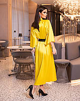 Вечірнє яскраве шовкове жовте плаття з коміром-стійкою та розкльошеними рукавами з 42 до 58 розмір, фото 2