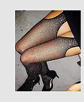 Колготки в сіточку зі стразами з відкритими зонами чорного кольору розмір універсальний 2-4