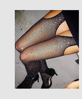 Колготки в сіточку зі стразами з відкритими зонами чорного кольору розмір універсальний 2-4