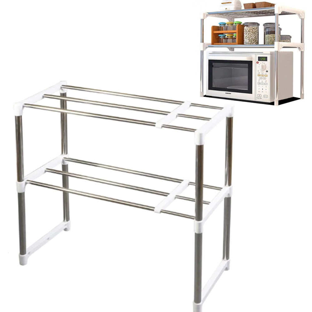 Настільна полиця над мікрохвильовкою Розсувна етажерка Стелаж для мікрохвильовки і свч універсальний 2 яруса, фото 1