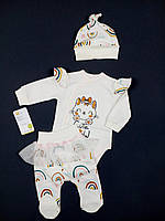 Комплект для новорождённых из футера боди ползунки шапочка HappyTot Cute Meow 62см молочный 973ф