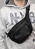 Чорна чоловіча бананка, поясна наплічна сумка крос-боді на пояс через плече з екошкіри (якісна штучна шкіра), фото 10