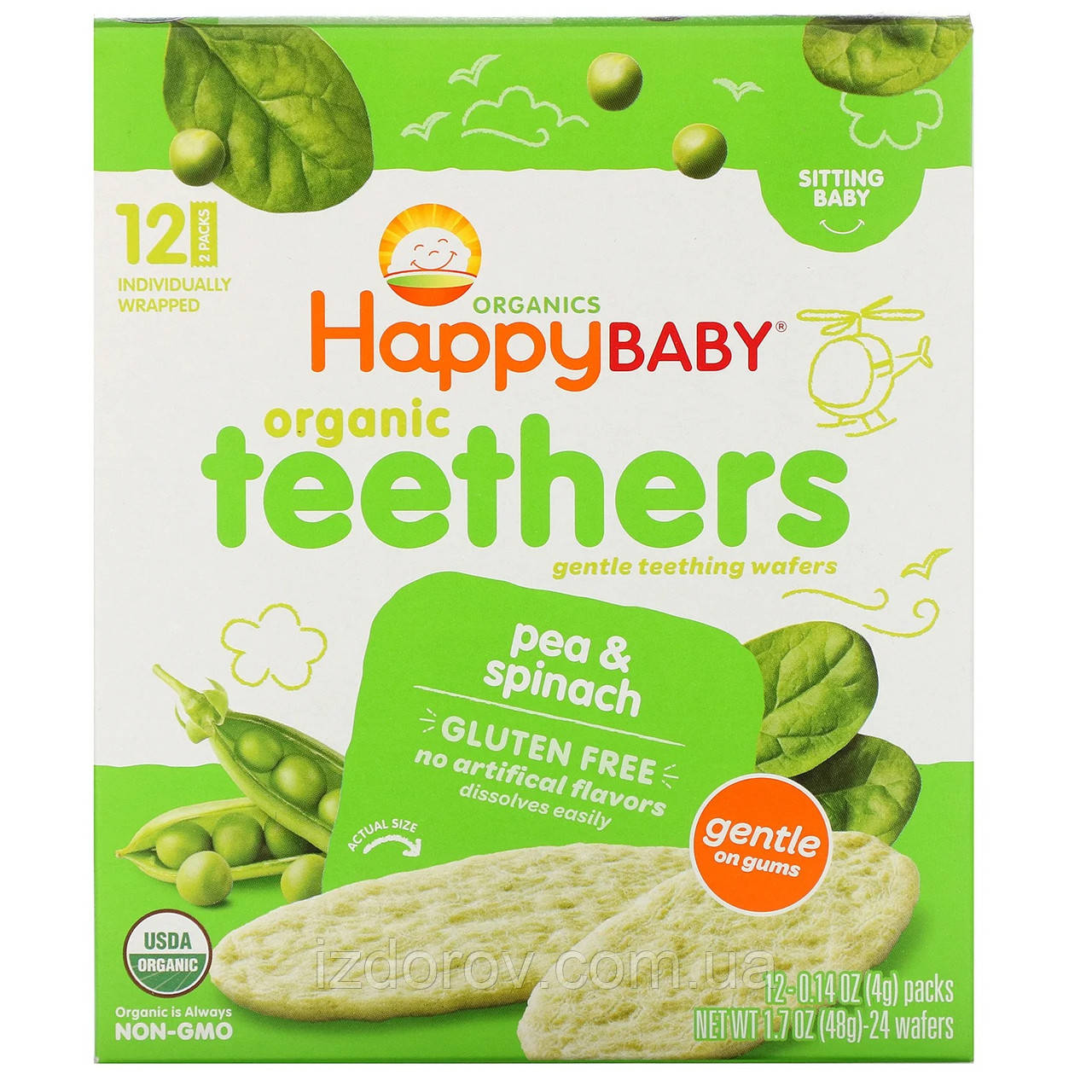 Happy Family Organics, Органічні вафлі для прорізування зубів, для малюків, горох і шпинат, 12 пакетиків
