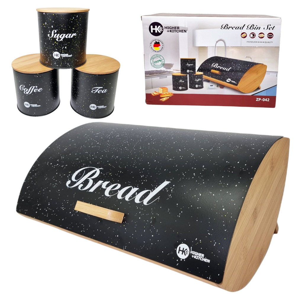 Хлібниця дерев'яна чорна із залізною кришкою та з баночками для спецій металевих HIGHER KITCHEN ZP 042, фото 1