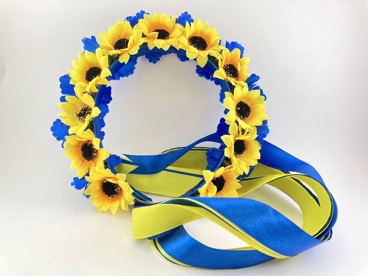 Український віночок з жовто-блакитними квітами соняшнику та волошок зі стрічками - фото 1 - id-p47188295