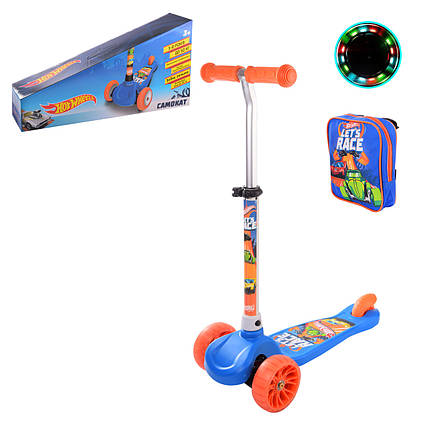 Самокат дитячий 3-х колісний Hot Wheels, PU світло, з рюкзаком, LS2118, фото 1