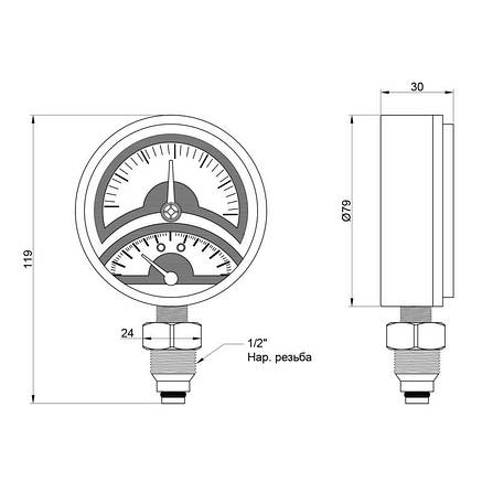 Термоанометр Icma 1/2" 0-4 бари, нижнє приєднання No258, фото 2
