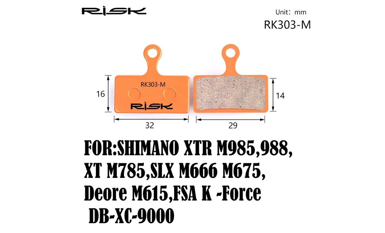 Колодки гальмівні напівметал disc RISK RK303-S Shimano M985/988/785/666/675/615, FSA K -Force DB-XC-