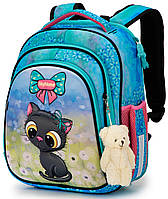 Школьный рюкзак (ранец) с ортопедической спинкой бирюзовый для девочки Winner /SkyName с Котиком 36х30х16 см