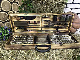 Набір з 8 шампурів з кованої ручкою "Вікінг" (700х12х3 мм) + подвійний шампур + комплект, в дерев'яному кейсі