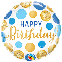 Фольгированный шарик Qualatex 18" (45 см) Круг Happy Birthday Горошек сине-золотой