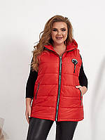 Стеганная женская жилетка на молнии с карманами и капюшоном в больших размерах